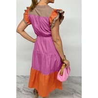 Bonbon Color Block Tiered Notched Neck Ruffle Sleeve Dress - L thumbnail