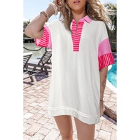 White Stripe Colorblock Patchwork Short Sleeve T Shirt Dress - L thumbnail