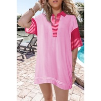Pink Stripe Colorblock Patchwork Short Sleeve T Shirt Dress - L thumbnail