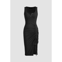 Black Drawstring Ruched Side Split Ribbed Midi Dress - XL thumbnail