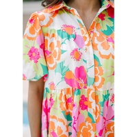 Pink Floral Puff Sleeve Collar Buttoned Babydoll Dress - L thumbnail