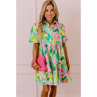 Green Floral Puff Sleeve Collar Buttoned Babydoll Dress - S thumbnail