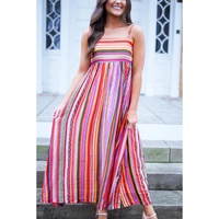 Multicolour Striped Thin Straps Smocked Back Boho Maxi Dress - L thumbnail