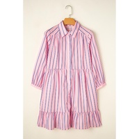 Pink Stripe Ruffled Hem Button-up Collared Shirt Mini Dress - L thumbnail