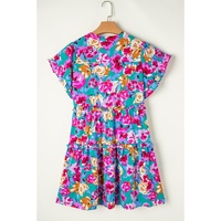 Green Rose Floral Print Ruffled Short Dress - M thumbnail