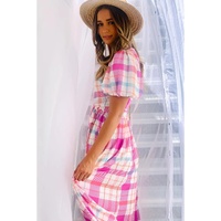 Pink Checkered Puff Sleeve Belted Midi Dress - M thumbnail