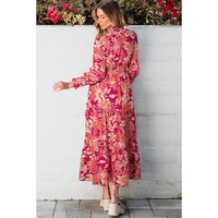 Rose Floral Print Buttoned Smocked High Waist Maxi Dress - L thumbnail