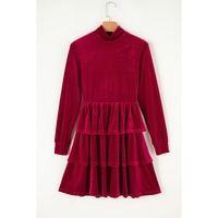 Racing Red Velvet High Neck Tiered Ruffle Mini Dress - L thumbnail