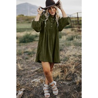 Vineyard Green Corduroy Snap Buttons Empire Waist Bracelet Sleeve Dress - M thumbnail