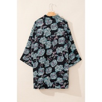 Black Floral Print Lapel Collar Loose Shirt Mini Dress - M thumbnail