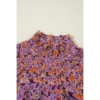 Purple Floral Smocked Puff Sleeve High Neck Mini Dress - S thumbnail