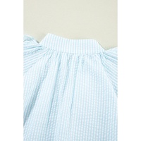 Myosotis Seersucker Ruffled Puff Sleeve Stand Neck Mini Dress - L thumbnail