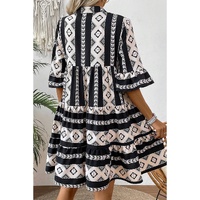 Black Geometric Print V Neck Ruffled Dress - L thumbnail