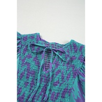 Sky Blue Abstract Print Puff Sleeve Tied Notched Neck Long Dress - M thumbnail
