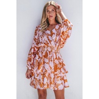 Brown Floral Puff Sleeve Smocked Waist Layered Dress - L thumbnail
