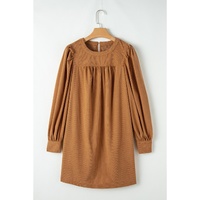 Desert Gold Corduroy Pleated Puff Sleeve Shift Short Dress - L thumbnail