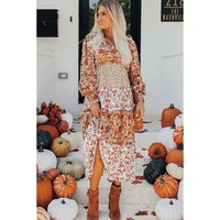 Khaki Floral Print Ruffled Tiered Long Sleeve V Neck Midi Dress - L thumbnail