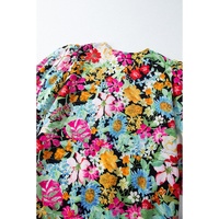 Green Floral Puff Sleeve V Neck Tassel Drawstring Dress - M thumbnail