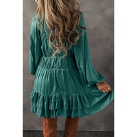 Mist Green Tiered Ruffled Puff Sleeve Loose Fit Mini Dress - S thumbnail