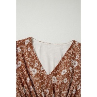 Brown Boho Floral Ruffled Puff Sleeve V Neck Mini Dress - L thumbnail