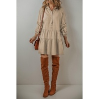 Tan Puff Sleeve Buttoned Tiered Pleated Shirt Mini Dress - L thumbnail