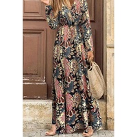 Black Floral Print V Neck Wrap High Waist Maxi Dress - M thumbnail