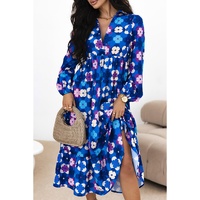 Blue Floral Peasant Sleeve Tiered Ruffle Midi Dress - L thumbnail