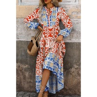 Orange Boho Geometric Printed Long Sleeve Maxi Dress - L thumbnail
