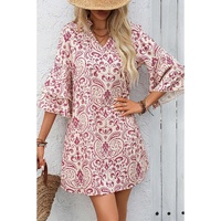 Pink Paisley Print Tiered 3/4 Sleeve Notched Neck Mini Dress - L thumbnail