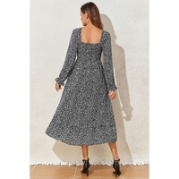 Black Floral Printed Long Sleeve Square Neck Midi Dress - L thumbnail