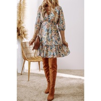 Sky Blue Floral 3/4 Sleeve V Neck High Waist Ruffled Dress - S thumbnail