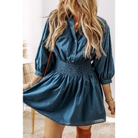 Prussian Blue 3/4 Sleeve Shirred High Waist Buttoned Mini Dress - L thumbnail