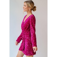 Pitaya Pink Velvet Sequin Long Sleeve V Neck Wrapped Mini Dress - S thumbnail