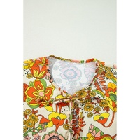Yellow Cream Floral Print V Neck Puff Sleeve Mini Dress - M thumbnail