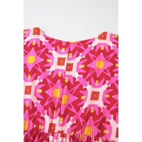 Strawberry Pink Geometric Print Smocked Long Sleeve Mini Dress - S thumbnail