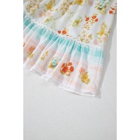 Pink Ric Rac Plaid Floral Print Patchwork Bubble Sleeve Dress - L thumbnail