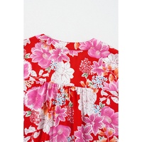 Red Floral Print High Waist V Neck Babydoll Mini Dress - L thumbnail