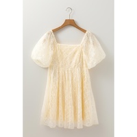 Apricot Sequined Lace Mesh Bubble Sleeve Square Neck Dress - S thumbnail