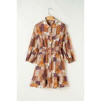 Orange Boho Floral Puff Sleeve Smocked Waist Mini Shirt Dress - L thumbnail