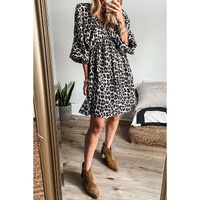 Black Leopard Print Elasticated V Neck 3/4 Puff Sleeve Dress - S thumbnail