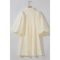 White Floral Textured Bubble Sleeve Frilled Notched Neck Dress - XL thumbnail