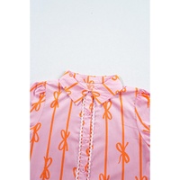Pink Bowknot Striped Printed Tiered Ruffled Mini Shirt Dress - L thumbnail