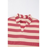 Pink Stripe Collared V Neck Long Sleeve Loose Casual Dress - L thumbnail