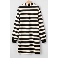 Black Stripe Collared V Neck Long Sleeve Loose Casual Dress - S thumbnail
