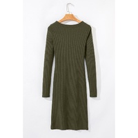Jungle Green Ribbed Side Slit Ruched Slim Fit Long Sleeve Mini Dress - M thumbnail