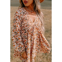 Beige Floral Deep V Neck Smocked Bust Bubble Sleeve Babydoll Dress - L thumbnail