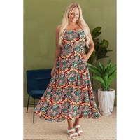 Black Boho Floral Print Thin Straps Sleeveless High Waist Maxi Dress - XL thumbnail