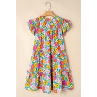 Sky Blue Floral Print Smocked Notch V Neck Flutter Sleeve Mini Dress - M thumbnail