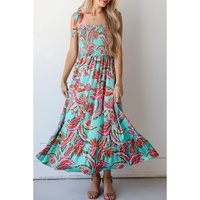 Green Abstract Print Smocked Bodice Knotted Straps Ruffled Maxi Dress - L thumbnail
