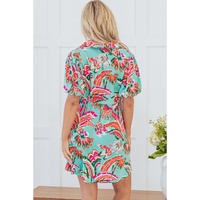 Green Abstract Print Lace-up High Waist Buttoned Mini Dress - S thumbnail